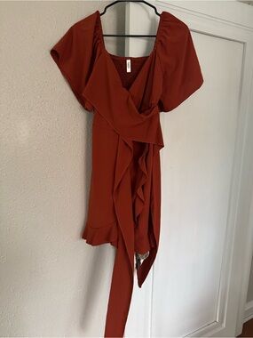 Amazon Rust Red Ruffle Wrap Mini Dress